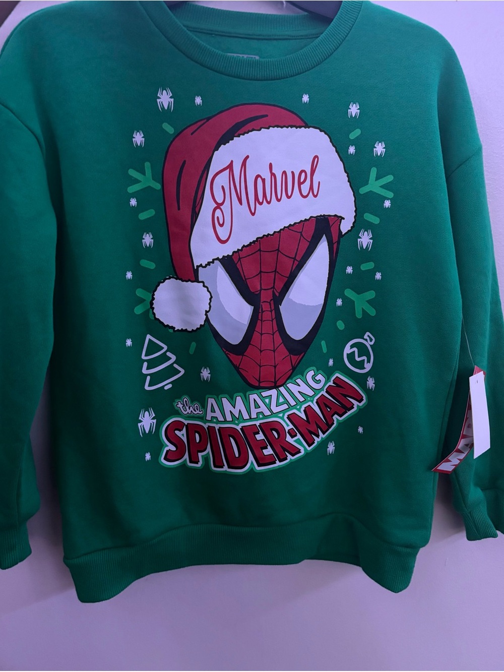 Marvel Green Sweatshirt with Red & White Spider-Man Holiday Graphic